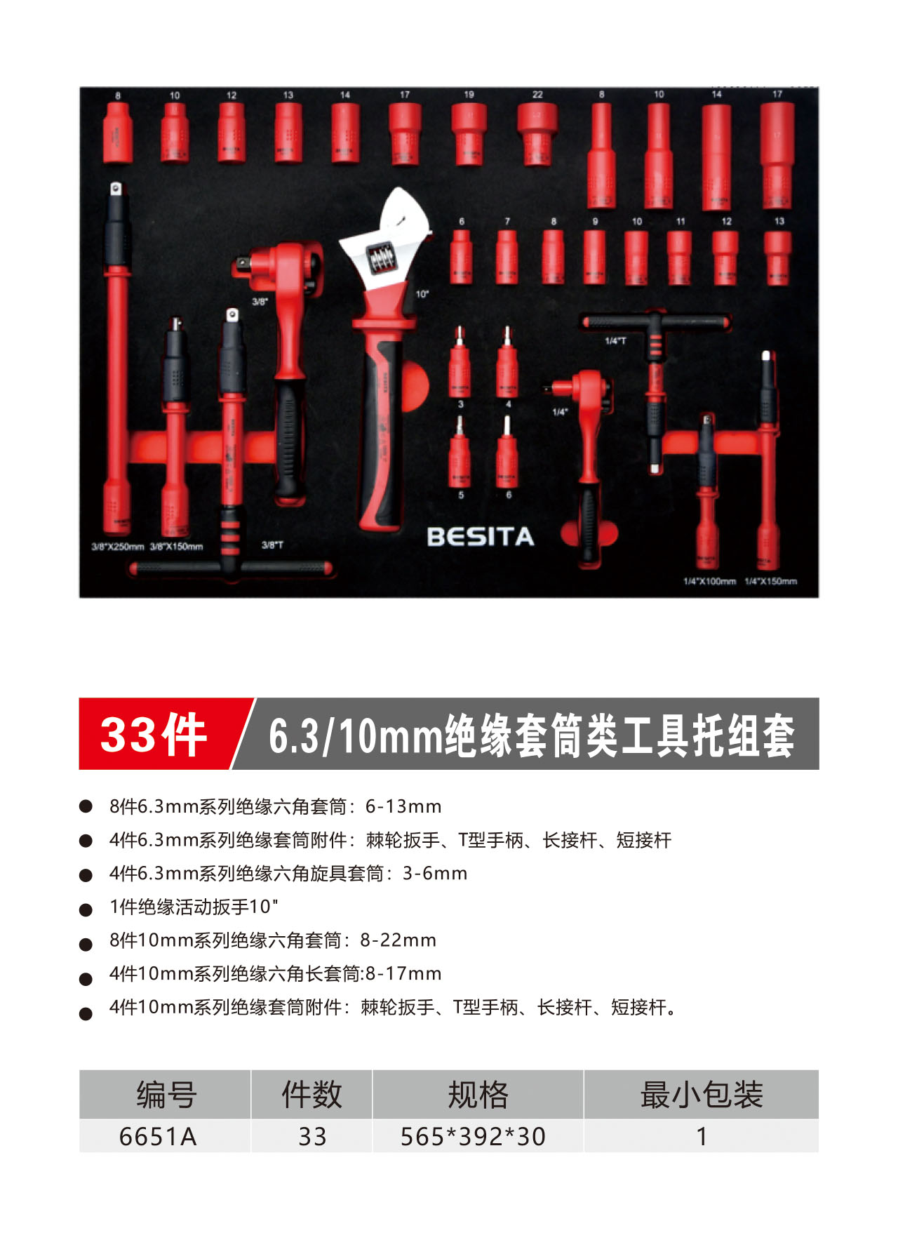 33件6.3/10mm绝缘套筒类工具托组套（NO.6651A）