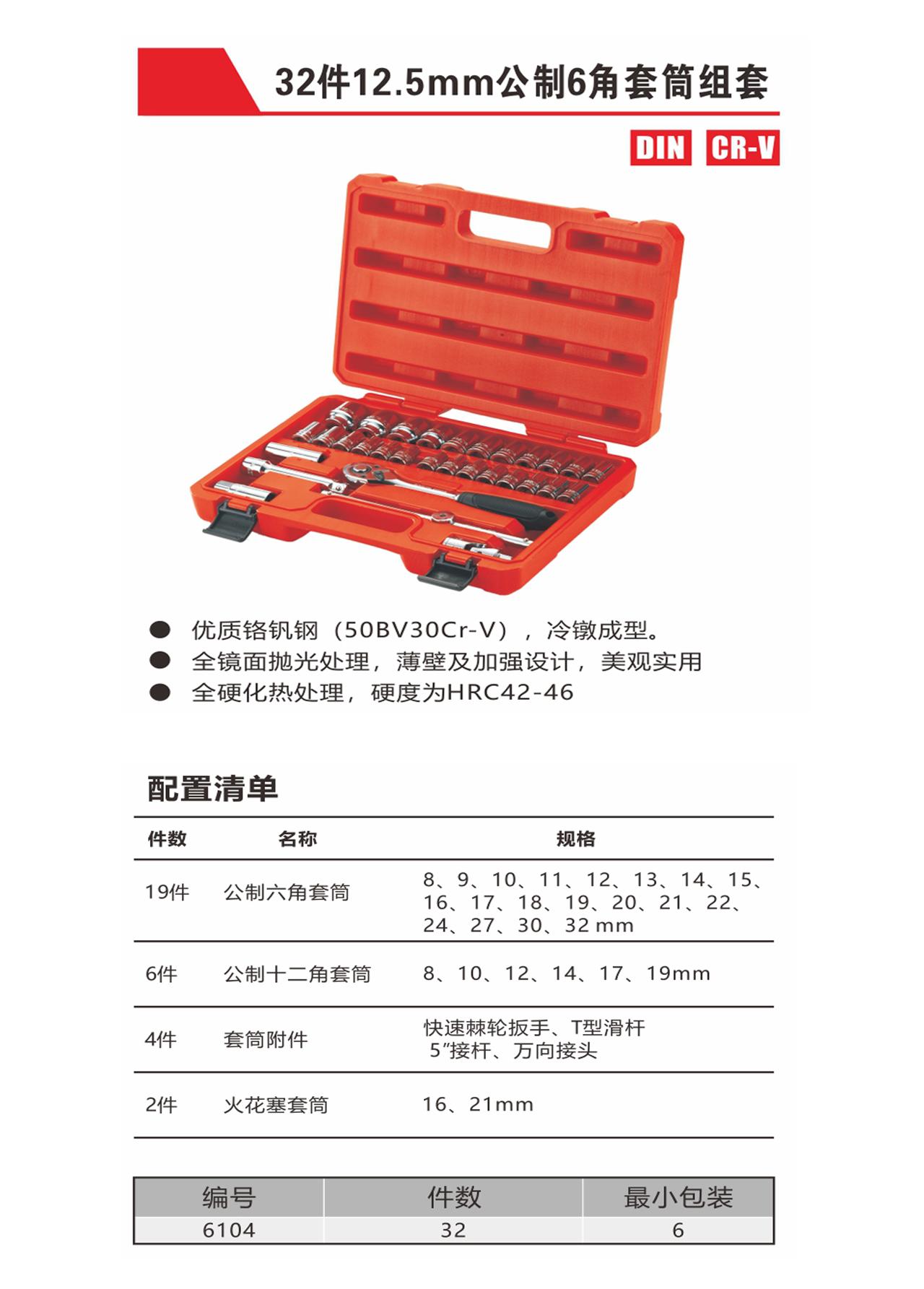 32件12.5mm公制六角套筒组套（NO.6104）