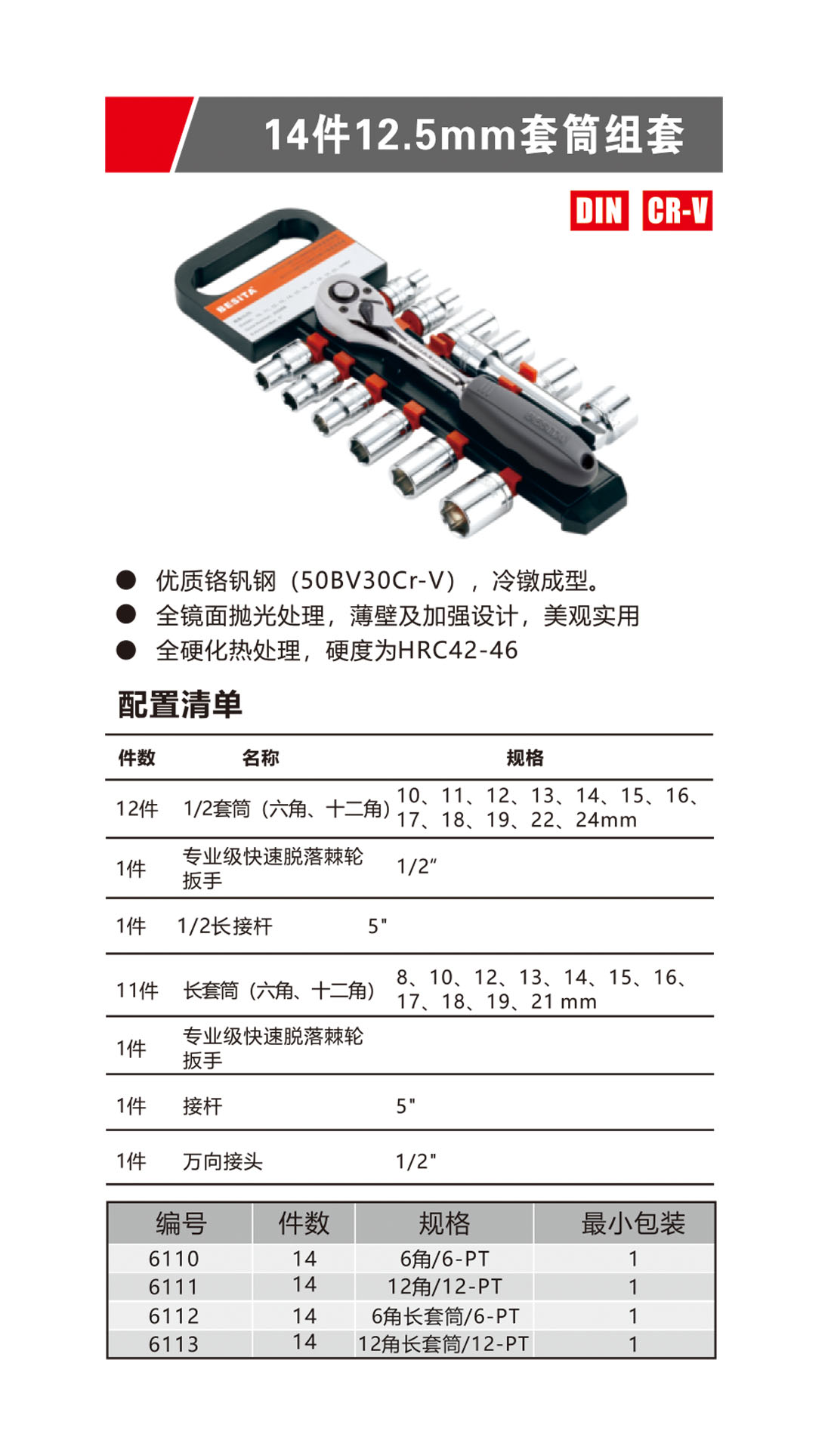 14件12.5mm套筒组套（NO.6110-6113）