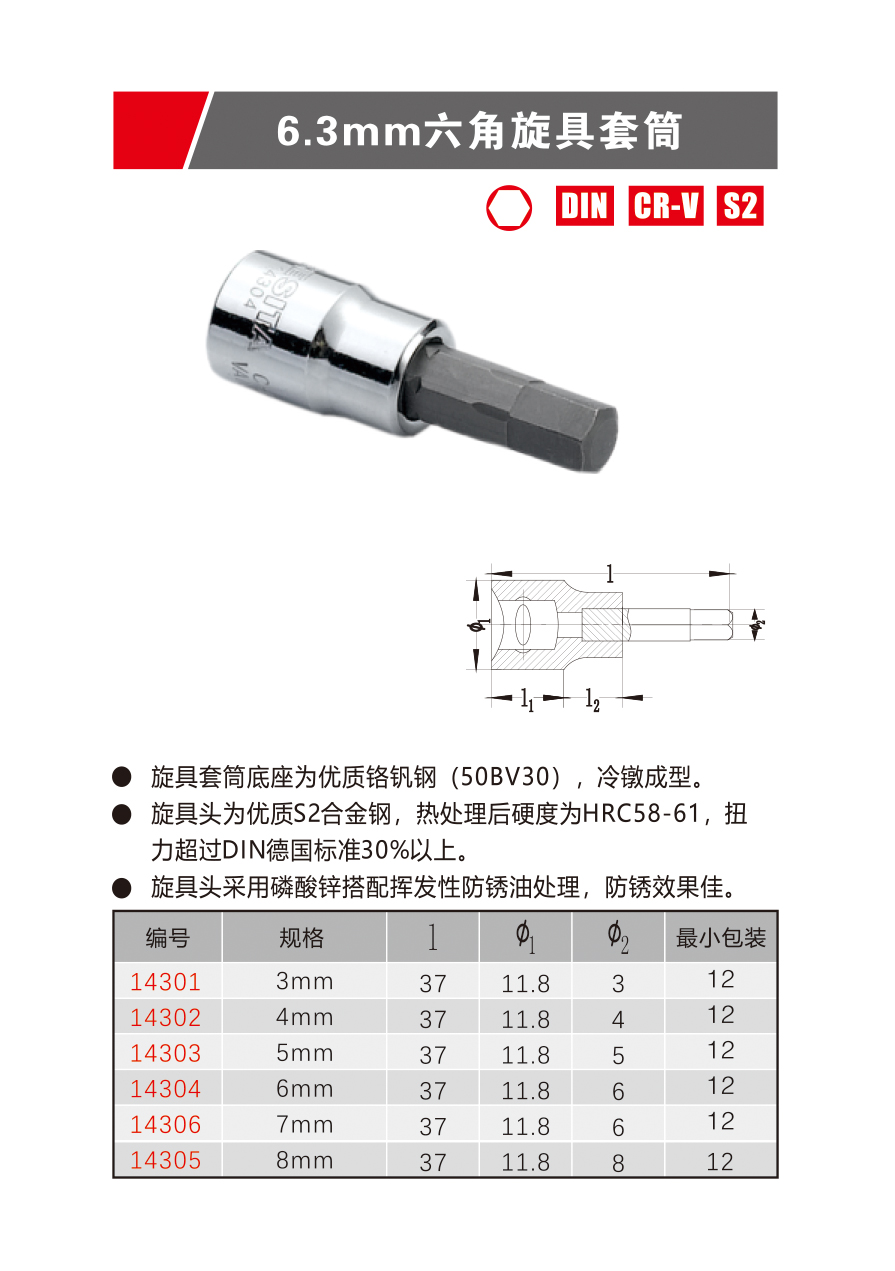 6.3mm六角旋具套筒（NO.14301-14305）